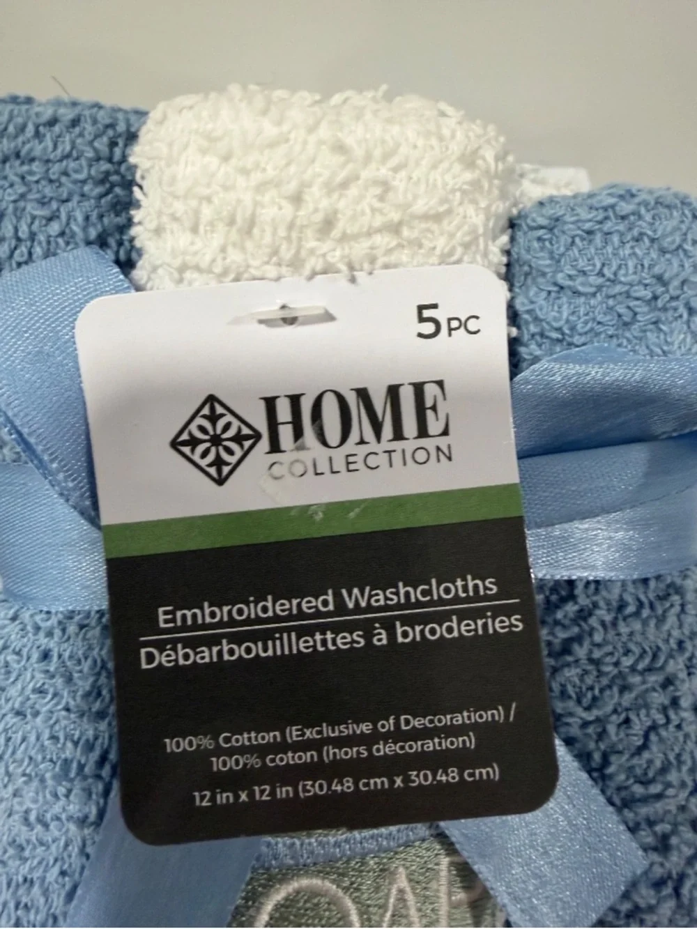 Home Collection White Blue Wash Cloths x 5 Embroidered Soap So Fresh So Clean